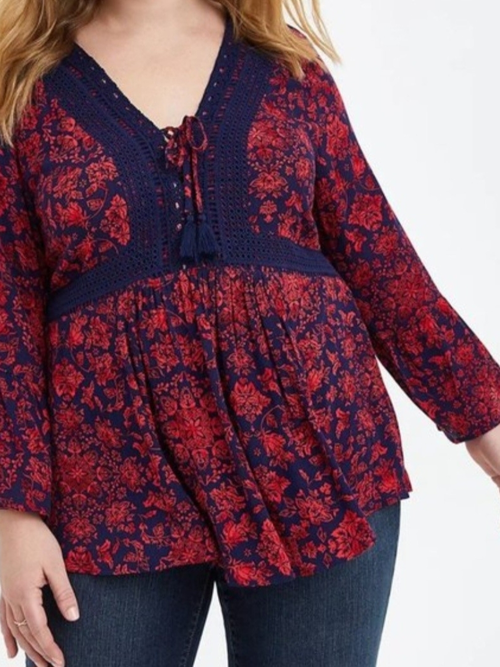 torrid Navy and Red Floral Crochet V-Neck blouse